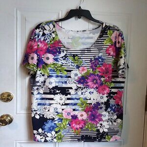 Women's 2X Shirt with Flowers over Stripes.